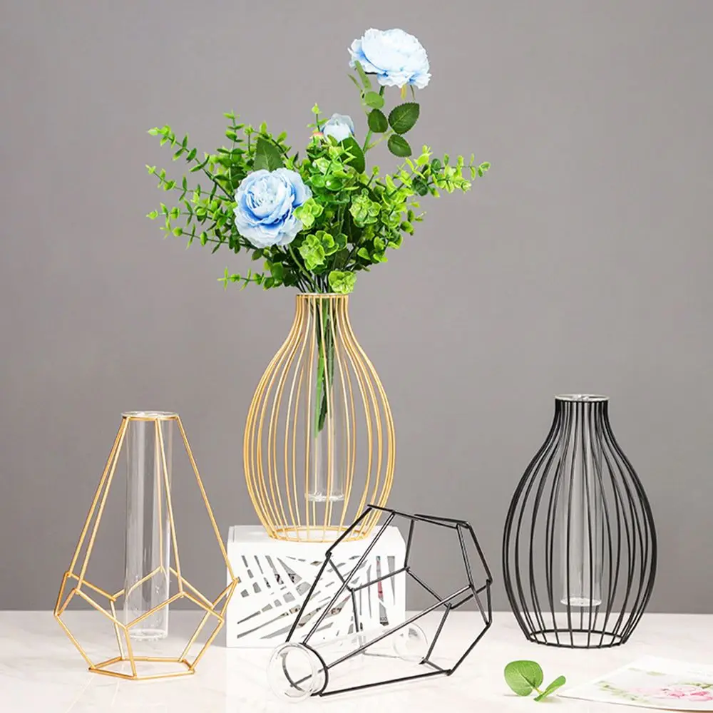 Nordische Stile hydro po nische Blumenvase geometrische Linie Rahmen Eisen Kunst Vase Glas Reagenzglas Metall halter Home Dekoration Handwerk Geschenk