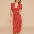 Robe été pour vetement femme 2021 ​col en v à manches courtes bouton cravate taille robe portefeuille élégante robe mi longue à imprimé floral vintage