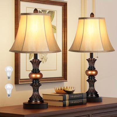 TEMU Traditional Table Lamp Set Of 2, Vintage Bedside Lamps With 3 Color Temperatures Led Bulbs, Classic Bronze Desk Lamps Shape Silk Shade For Living Room, Bedroom, Pull Chain Switch