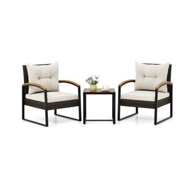 Costway 3 Piece Patio Conversation Set with Solid Acacia Wood Armrests and Tabletop-White