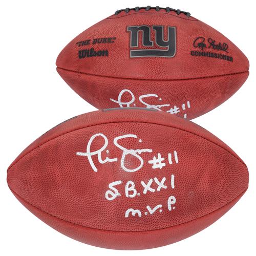 Von Phil Simms von den New York Giants signierter Duke Metallic-Football mit der Aufschrift „S.B. XXI M.V.P.“