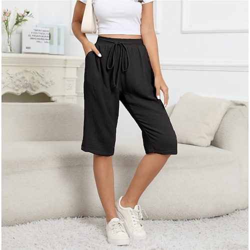 Damen EU- / US-Größe Kunstbaumwollleinen Baggy-Shorts Komfort Knielang Natürliche Taille Einfarbig Kordelzug Elastisches Kordelzugdesign Leicht Weich Atmungsaktiv Unelastisch Urlaub Alltagstauglich Image