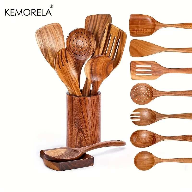 Cuillères en bois pour la cuisine, ustensiles en bois pour la cuisine avec porte-ustensiles, ensemble d'ustensiles de cuisine en bois de teck 4/7/9 pièces