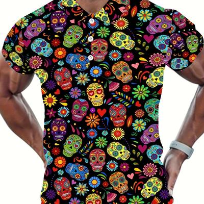 TEMU Men's Skulls Graphic Print Golf Shirt, Casual Short Sleeve Lapel Shirt For Outdoor Image