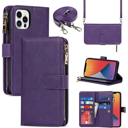 iPhone 12 Pro Phone Case Wallet for Women Men with Credit Card Holder iPhone 12 Crossbody Case with Strap Shoulder Lanyard Zipper Pocket PU Leather Cases for iPhone 12 Pro 6.1 Inch Purple