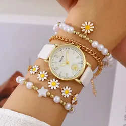 Montre à Quartz blanche Bracelet délicat pour femmes loisirs décontracté rond motif creux ensemble de Bracelets