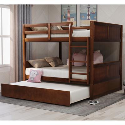 Full Over Full Bunk Bed with Pull Out Trundle, Wood Bed Built-In Safety Rails, Trundle Bunk Bed Easy Conversion to Separate Beds