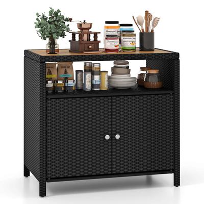 Patio Rattan Storage Cabinet w/ Acacia Wood Countertop Open Shelf