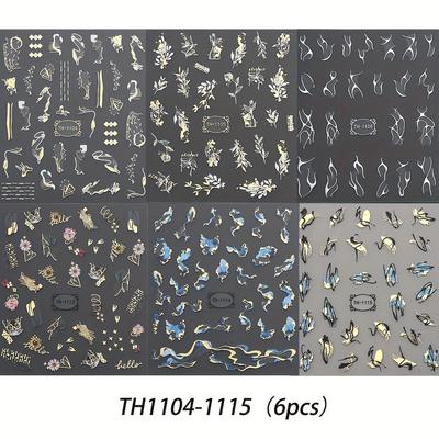 TEMU 6 Sheet Smudge Nail Art Stickers, Self Adhesive Golden Bronzing Nail Art Decals For Nail Art Decoration, Nail Art Supplies For Women And Girls Image