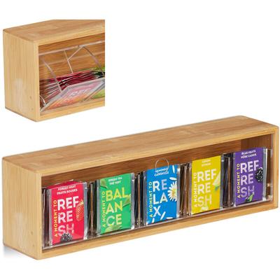 Relaxdays Teebox Bambus, 5 Fächer für 50 Teebeutel, mit Kippdeckel, zum Aufhängen, Aromaschutz, HBT Image