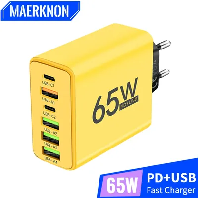 65W USB C Charger 6 Ports USB Type C PD Fast Charging Adapter for iPhone15 Xiaomi Huawei Samsung