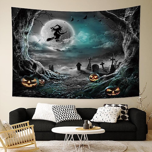 Dekorationen Wandteppich Jack O Laterne Kürbis Dekor Wandkunst großer hängender Wandteppich Wandmalerei Dekor Fotohintergrund Decke Vorhang Heimat Schlafzimmer Wohnzimmer Fledermaus gruselige Haus Image