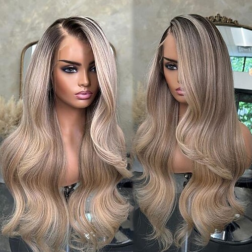 Unverarbeitetes reines Haar 13x4 Spitzenfront Perücke Seitenteil Brasilianisches Haar Wellen Blond Mehrfarbig Perücke 130% 150% Haardichte Gefärbte Haarspitzen (Ombré Hair) Strähnchen Image