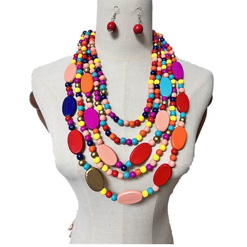 Schmuck für Frauen Halsketten-Ohrring-Set für Frauen klobige Halskette bunte Perlenkette Juneteenth-Outfits Hemdkleid Schmuckzubehör Image