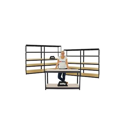 PROREGAL Mega Deal | 4x Schwerlastregal Big Elephant M & 1x Höhenverstellbare Werkbank Big Dino | Fachlast bis zu 600kg | Schwarz | Stecksystem Image