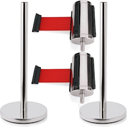 2x Abgrenzungspfosten + 2x Absperrband rot Edelstahl Highflex 4-Wege Absperrsystem Image