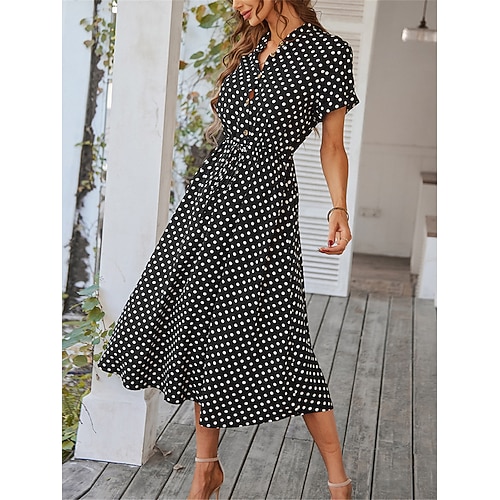 Damen Freizeitkleid Polka Dot Knopf Kordelzug Hemdkragen Midikleid Stilvoll Casual Täglich Date Kurzarm Sommer Image