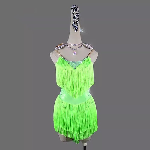 Latein-Tanzkleid mit Strass-Quaste für Damen, ärmellos, für Rumba, Salsa, Chacha, Bühnenkostüm Image