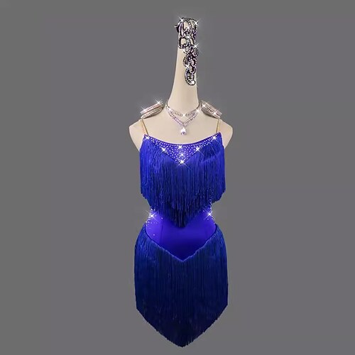 Latein-Tanzkleid mit Strass-Quaste für Damen, ärmellos, für Rumba, Salsa, Chacha, Bühnenkostüm Image