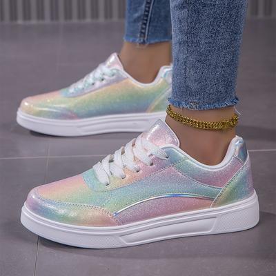 TEMU Women' Sneakers, Sequin Glitter Casual Sport Shoes, Flat Skateboard Shoes For Wedding & Party Image