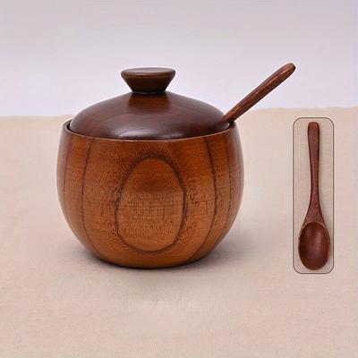 TEMU 1/2pcs Solid Wood Seasoning Box With Spoon And Lid - Retro Condiment Jar For Salt And Pepper - And Entertaining Image