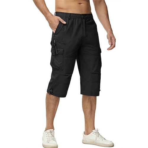 Herren Cargo Shorts Kurze Hosen Caprihose Kurze Hose für Wanderer Knopf Elastische Taille Multi Pocket Glatt tragbar Wadenlänge Outdoor Täglich Campen und Wandern Modisch Klassisch Schwarz Armeegrün Image