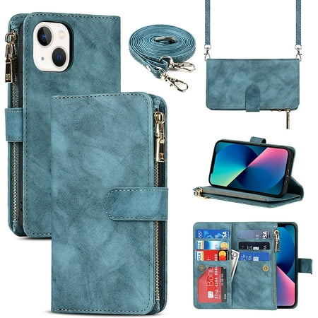 iPhone 13/14 Phone Case Wallet for Women Men with Card Holder iPhone 13 Crossbody Case with Strap Shoulder Lanyard Zipper Pocket PU Leather Cases Purse for iPhone 13 6.1 Inch Blue