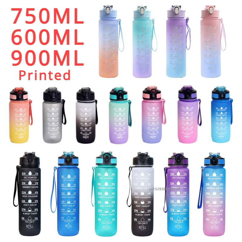 600 ml/750 ml/1000 ml Sport Wasser Flasche Farbverlauf Motivation Flasche mit Zeit Marker Auslaufsicher Tasse gym Outdoor Drink Image