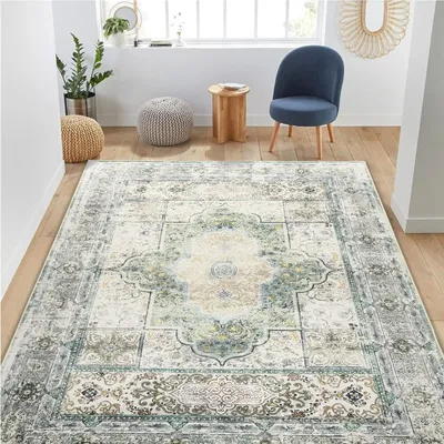 Vintage Area Carpet for Living Room Washable Rugs Rug for Kitchen Bedroom Dinning No Pile Non Slip Green Teal Multi Decorate