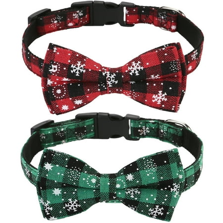 Sunyuer 2 Pack Christmas Dog Collar with Bow Tie Red Green Buffalo Plaid Dog Pet Collar Adjustable for Small Medium Large Dogs Cats