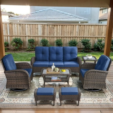 POCASSY 7 Pieces Patio Furniture Set All Weather Wicker Conversation Set with Coffee Table Sofa Swivel Rocking Chair Ottoman and Side Table for Pool Backyard Garden Blue