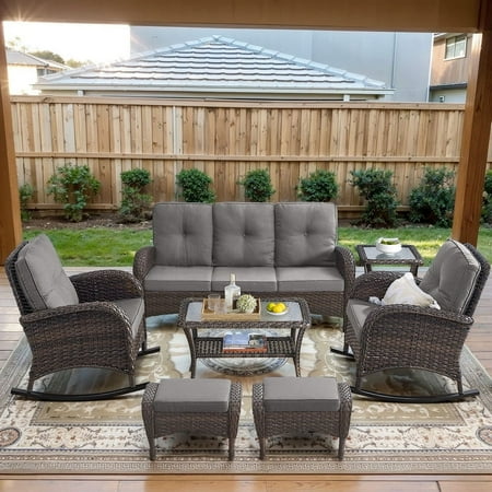POCASSY 7 Pieces Patio Furniture Set All Weather Wicker Conversation Set with Coffee Table Sofa Rocking Chair Ottoman and Side Table for Pool Backyard Garden Gray