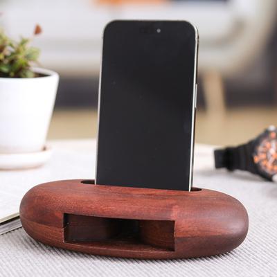 'Hand-Carved Minimalist Oval Mahogany Wood Phone Speaker'