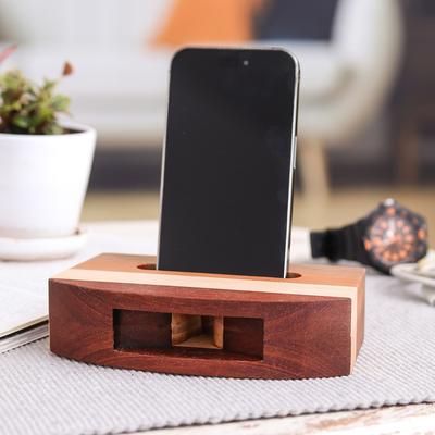 Striped Connection,'Modern Striped Wood Phone Speaker Handcrafted in Thailand'