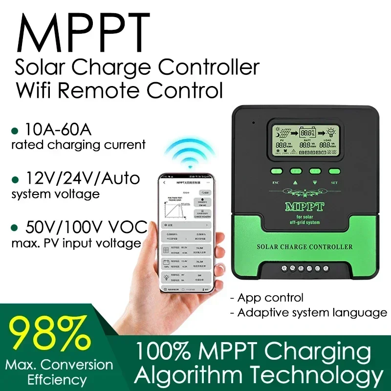 12/24V WIFI MPPT Solar Laderegler 10/20/30/40/50/60A Solar Panel Batterie Regler LCD USB für Lifepo4 Blei Säure Lithium Image