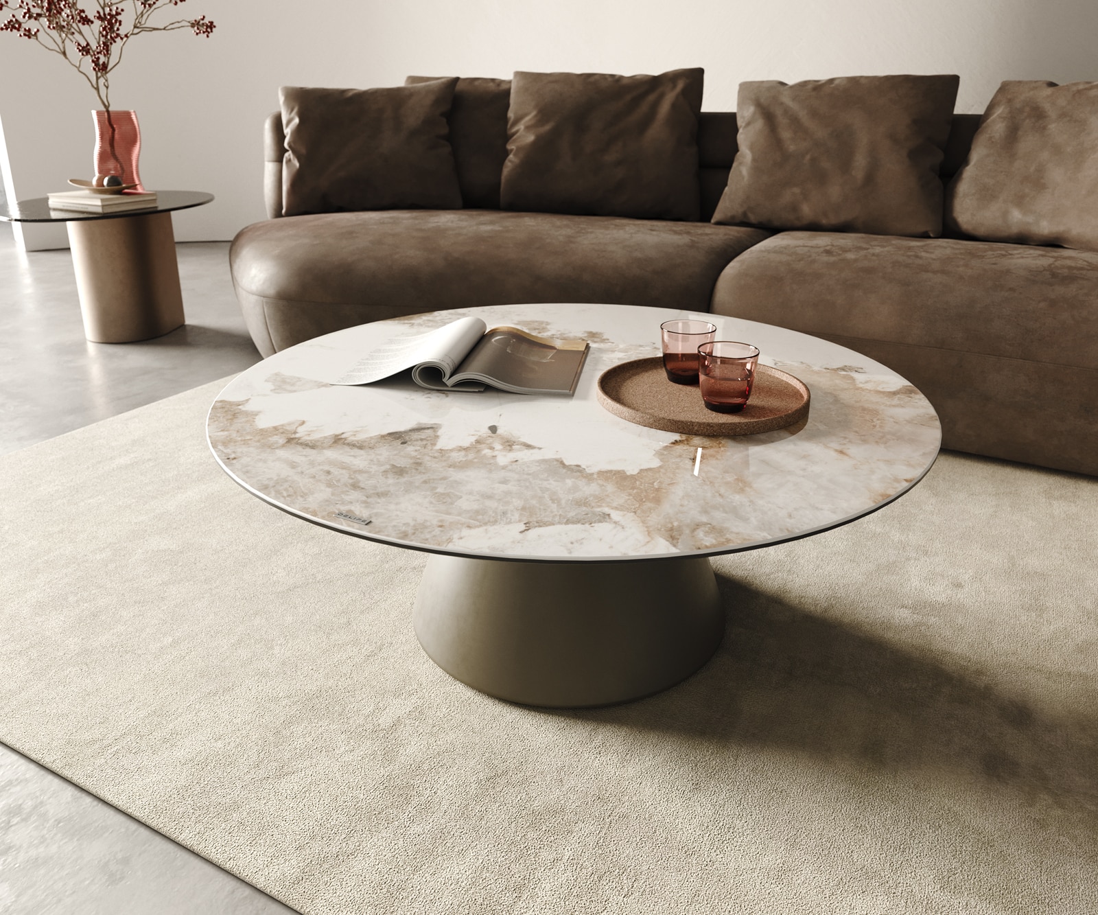 DELIFE Couchtisch Borna 100x100 cm Keramik Minas Melange Weiß-Beige Gestell Konisch Effektfinish Titan, Couchtische Image