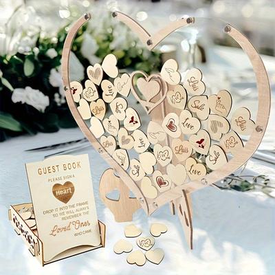 TEMU 1set, Wooden Guest Book For Wedding, 1 Frame Book And Come With Wooden Picture Frame, Wooden Hearts, Rustic Wedding Decorations And