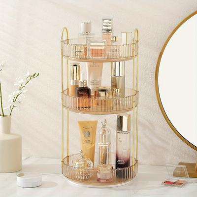 TEMU Dresser 360 Swivel Makeup Organizer, 3 Tier Bathroom Countertop Organizer Swivel Perfume Organizer, Large Capacity Cosmetic And Skincare Dresser Makeup Racks