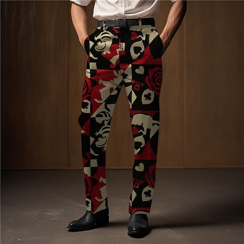 Farbblock Poker Abstrakt Herren 3D-Druck Hosen Hose Outdoor Strasse Tragen Sie, um zu arbeiten Polyester Wein Rote Blau S M L Hoch Elastizität Hose