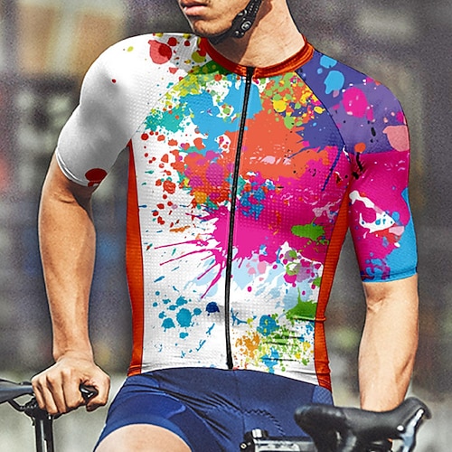 Herren Radtrikot Graffiti Kurzarm Fahhrad T-Shirt Trikot mit 3 Gesäßtaschen Mountainbike MTB Schnelltrocknend Anatomisches Design Feuchtigkeitsableitend Atmungsaktiv Sport Weiß Gelb Blau Bekleidung Image