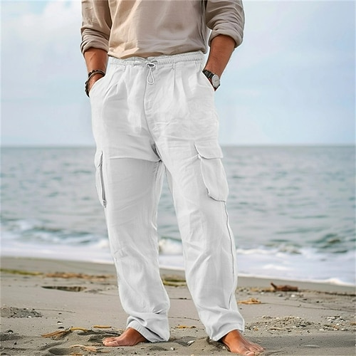 Herren Cargohose Cargohosen Hose Hosen Sommerhosen Strandhose Kordelzug Elastische Taille Multi Pocket Glatt Komfort Atmungsaktiv Outdoor Täglich Ausgehen Modisch Brautkleider schlicht Schwarz Weiß Image