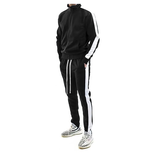 Herren Trainingsanzug Jogginganzug Kordelzug Tasche Farbblock Sportbekleidungsset Frühling Schwarz Gelb Fitnesstraining Joggen Laufen Weich Atmungsaktiv Langarm Sport Sportkleidung Mikroelastisch Image