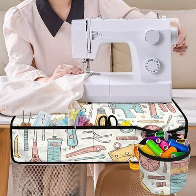 TEMU Vintage Sewing Theme Polyester Sewing Machine Mat With Multiple Pockets (1 Piece) - Durable Accessory Organizer For Sewing Supplies