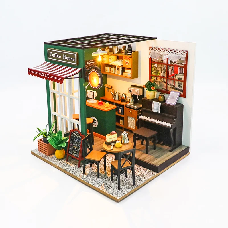 DIY 3D Puzzles Holz Spielzeug Miniatur Puppenhaus Handgemachte Puppe Haus Modell Gebäude Kits Kaffee Haus Spielzeug Für Kinder Geschenke