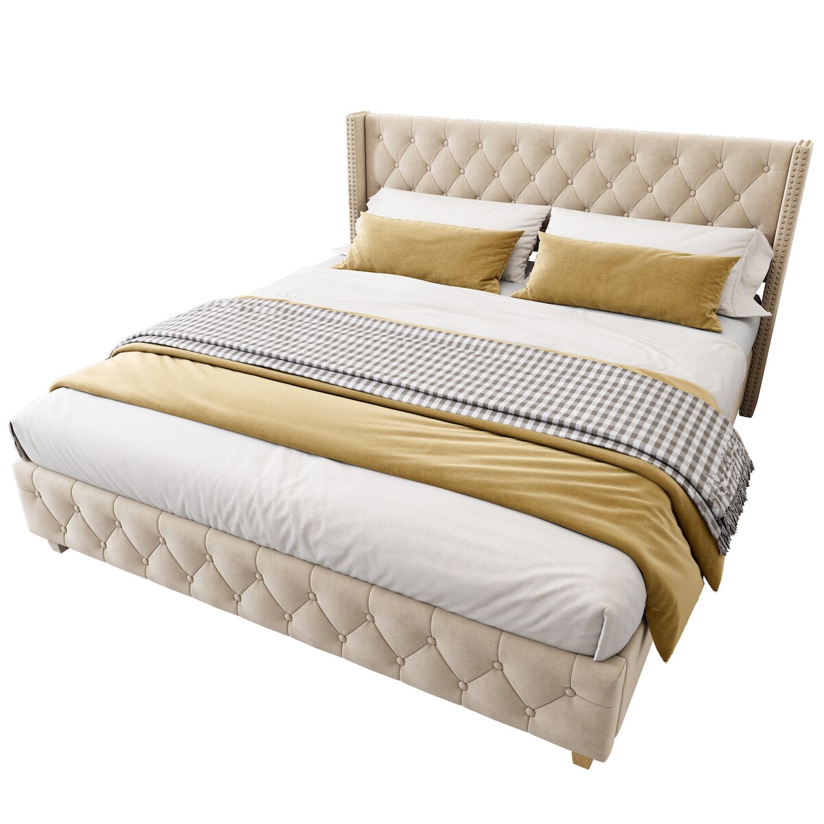 Merax Polsterbett, Massivholz Doppelbett 180x200cm mit Lattenrost und Polster-Kopfteil, Hellbeige Image