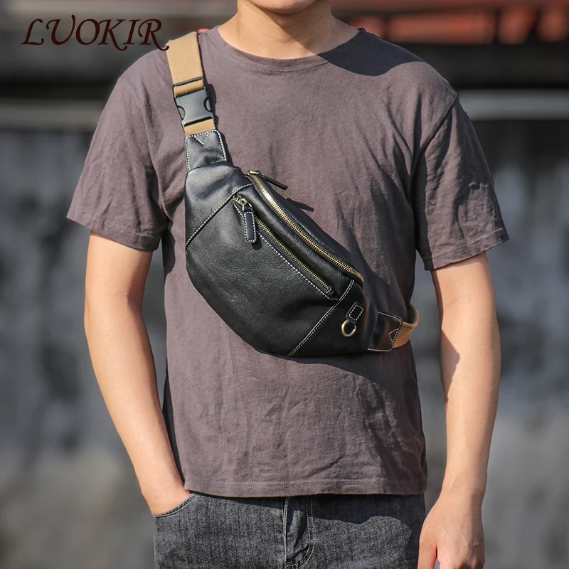 LUOKIR sac de poitrine pour hommes en cuir véritable décontracté mode sac à bandoulière Sports de plein air sac de taille usage quotidien sac de téléphone portable