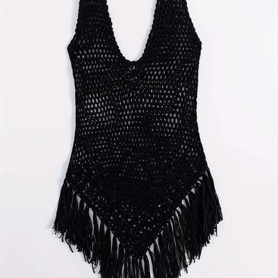 TEMU Women's Sexy V-neck Cover-up With Fringe Hem - High Stretch Monokini Top, Solid Color Cut-out Design For Beach & Poolside Wear, Poolside Attire | Fringe Hem Top | Construction, Bathing Suits Image