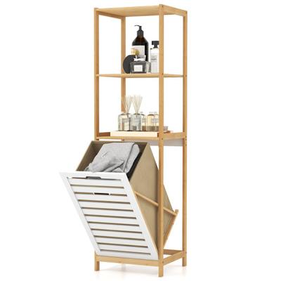 Costway 3-Tier Tilt-Out Laundry Hamper with Storage Shelves for Laundry Room-Natural and White