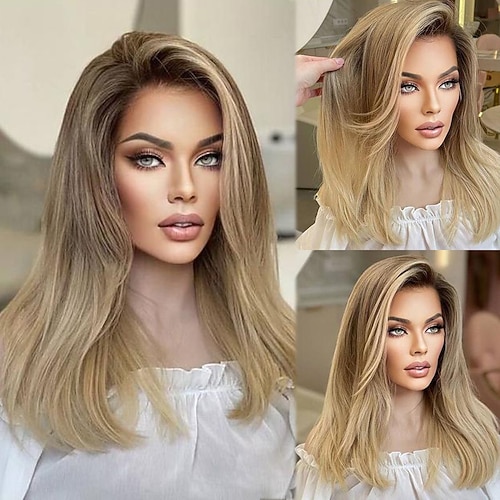 Remy Menschenhaar 13x4 Spitzenfront Perücke Freier Teil Brasilianisches Haar Glatt Blond Perücke 130% 150% Haardichte mit Babyhaar Gefärbte Haarspitzen (Ombré Hair) Strähnchen / Balayage-Technik 100 Image