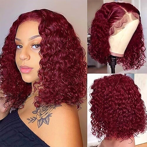 Unverarbeitetes reines Haar 13x4 Spitzenfront Perücke Kurzer Bob Brasilianisches Haar Tief geschweift Afro verworrenes lockiges Orange Burgund Mehrfarbig Perücke 130% 150% 180% Haardichte mit Image